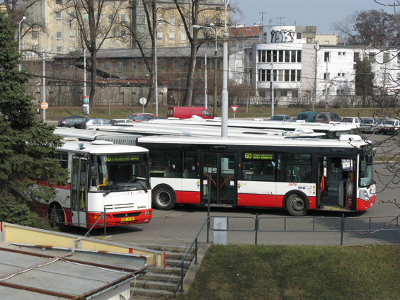 Kloubové autobusy linky 60 v obratišti Zvonaøka. Linka 60 zajiš�uje nejrychlejší spojení centra s novì se rodícím univerzitním kampusem v Bohunicích a jezdí ve všední dny každých 10 minut.