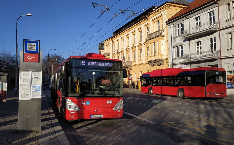 Jeden z 12 krátkých Citelisù se potkává s (ply)novým Solarisem v centru mìsta. I tyto starší autobusy už jsou opatøeny jednotným èerveným mìstským nátìrem. Citelisy byly dodávány v letech 2008-13.