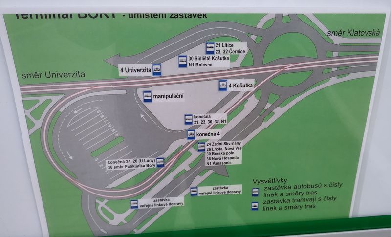 Schéma nového terminálu Bory, kde zastavují také regionální autobusy  smìøující do okolí Plznì. Novostavba tramvajové trati je ve zkušebním provozu, mnoho vìcí se bude ještì dodìlávat.