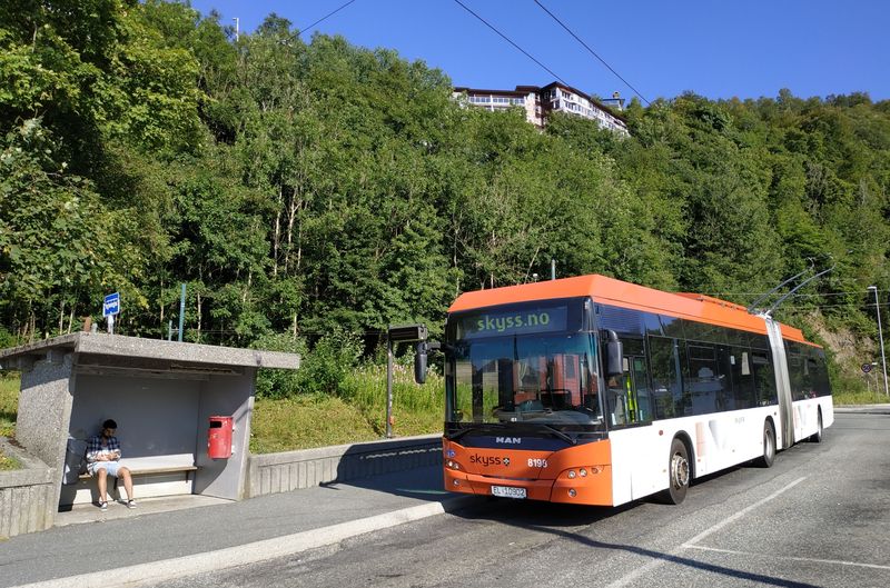 Jižní koneèná Birkelundstoppen trolejbusové linky 2. V minulosti bylo v Bergenu trolejbusù více (nahrazovaly zrušené tramvaje), jezdily zde i èeskoslovenské vozy Škoda 9Tr.