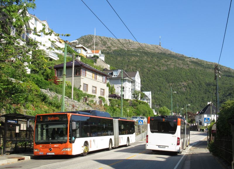 Páteøní autobusová linka 3 vede jižnì od centra Bergenu spoleènì s linkou 3, v pozadí je vidìt hora Ulriken, na kterou vede kabinová lanovka. Linka 3 pak z centra pokraèuje na sever do asi nejvìtšího pøedmìstí Bergenu Asane, kam je plánováno prodloužení tramvají.