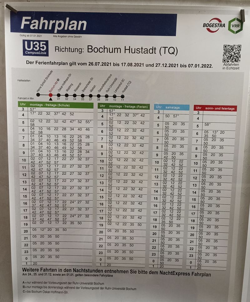 Jediná linka bochumského Stadtbahnu U35 vede do univerzitního kampusu. Není proto divu, že pøes školní rok jezdí dvakrát èastìji než o prázdninách – každých 5 minut.