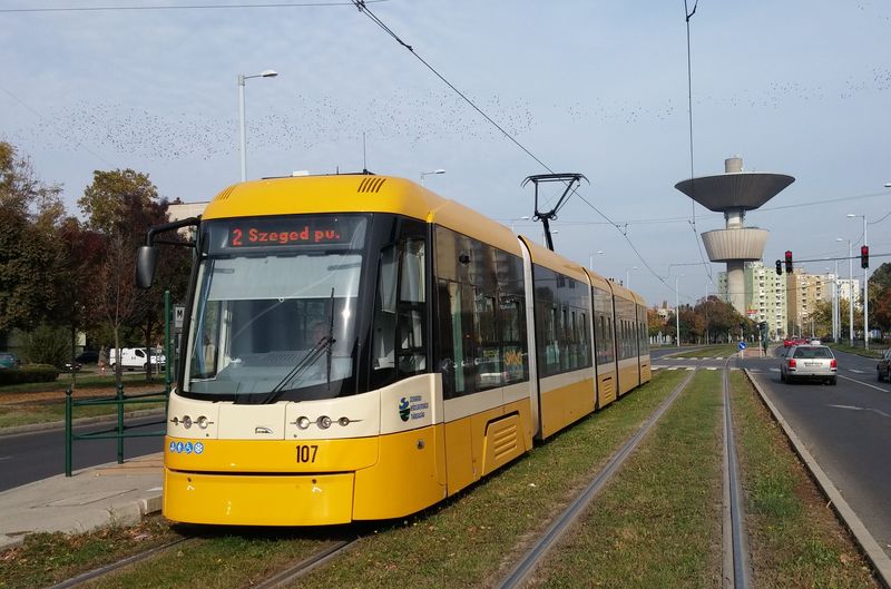 Nová tramvaj Pesa na nové tramvajové trati na severním sídlišti – právì díky této trati bylo 9 nových tramvaj v roce 2012 poøízeno. V pozadí je jeden z vodojemù, které tvoøí dominanty a dùležité orientaèní body v rùzných èástech tohoto rovinatého mìsta.