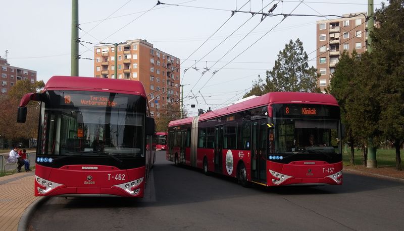 Nové trolejbusy s maïarskou karoserií a èeským pohonem na koneèné linek 8 a 19 Makkosház na severním sídlišti. Linka 19 vznikla v roce 2012 rozdìlením linky 9 na dvì – nyní mají linky 9 a 19 spoleènou trasu, ale mírnì odlišné koneèné. V souhrnu jezdí ve špièkách po 6 minutách a mimo nich po 10.