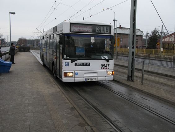 Nízkopodlažní autobus Jelzc na mìstské lince soukromého dopravce využívá spoleènou zastávku s tramvajemi.